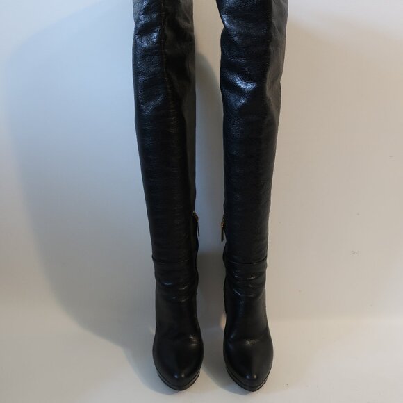 Women Prada Black 100% Leather Platform Over The Knee Stiletto Heel Boot 36 US/6 - Picture 1 of 15